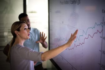 A worker gives a business presentation.